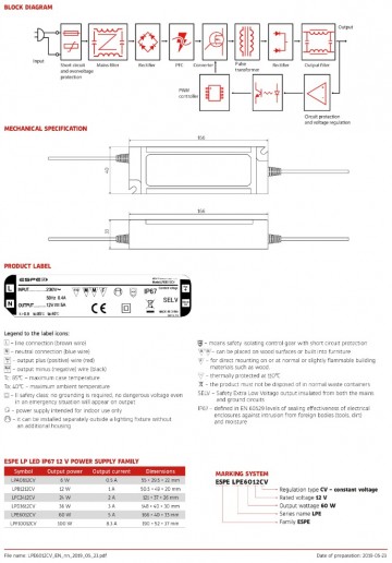 LED voeding - 12V, 5A - 60W - IP67 - WATERPROOF - ESPE
