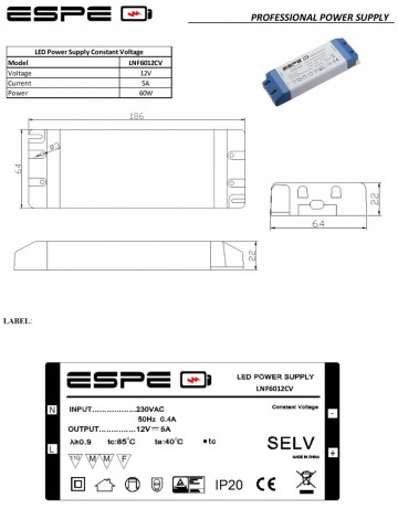 LED voeding - 12V, 5A - 60W - ESPE