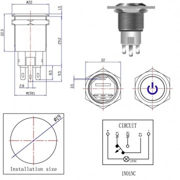 Push schakelaar rode verlichting - 19mm - Power symbool 